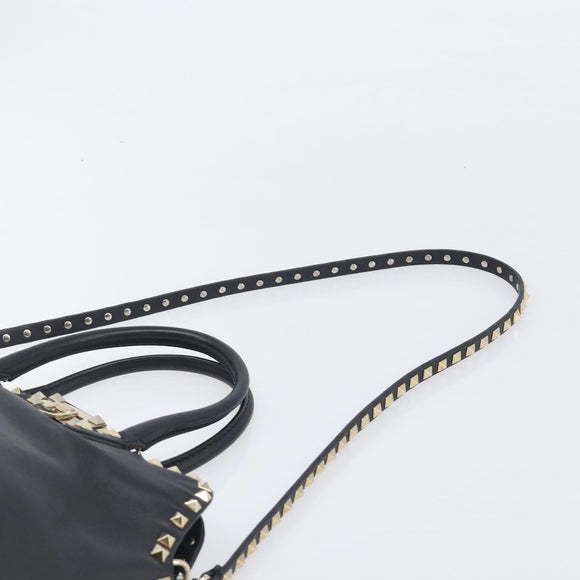Valentino Rock Studs Hand Bag Leather 2way Black Gold Auth ka6562