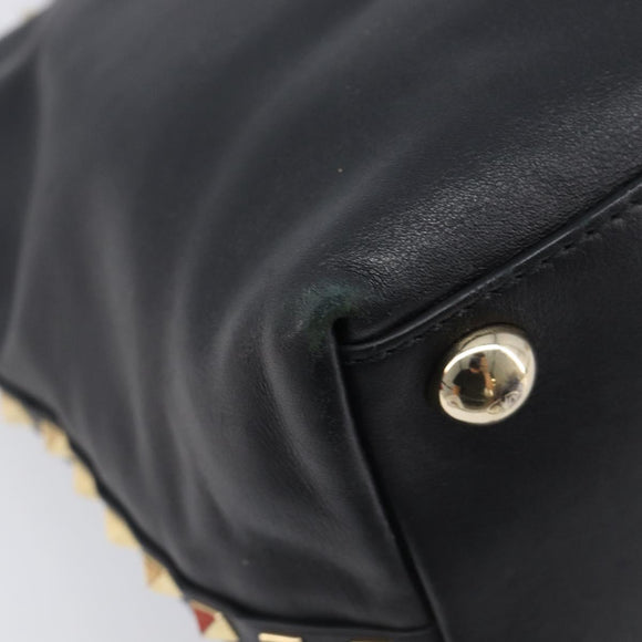 Valentino Rock Studs Hand Bag Leather 2way Black Gold Auth ka6562