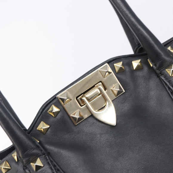 Valentino Rock Studs Hand Bag Leather 2way Black Gold Auth ka6562