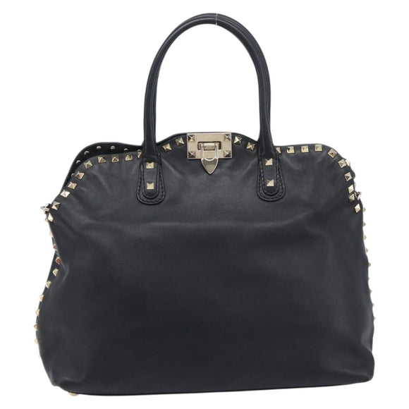 Valentino Rock Studs Hand Bag Leather 2way Black Gold Auth ka6562