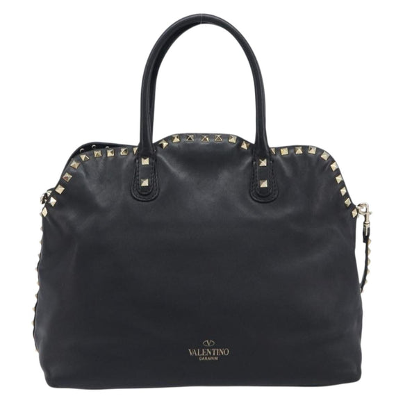 Valentino Rock Studs Hand Bag Leather 2way Black Gold Auth ka6562