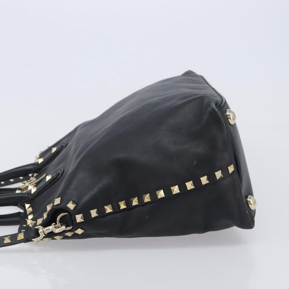 Valentino Rock Studs Hand Bag Leather 2way Black Gold Auth ka6562
