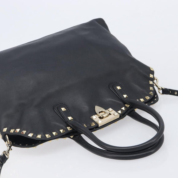 Valentino Rock Studs Hand Bag Leather 2way Black Gold Auth ka6562