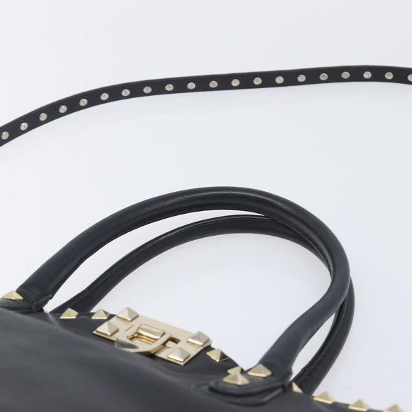 Valentino Rock Studs Hand Bag Leather 2way Black Gold Auth ka6562