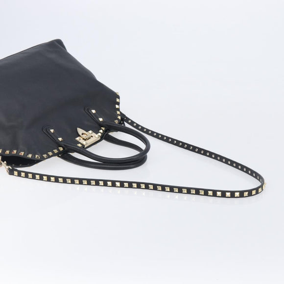 Valentino Rock Studs Hand Bag Leather 2way Black Gold Auth ka6562