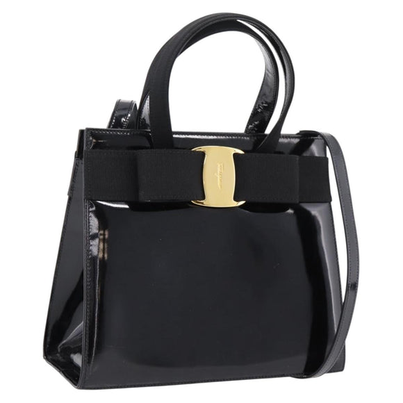 Salvatore Ferragamo Vala Hand Bag Patent leather 2way Black Gold Auth ka6577
