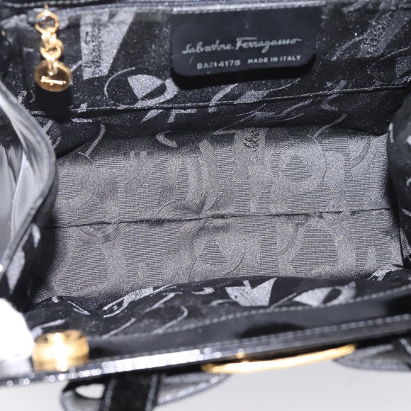 Salvatore Ferragamo Vala Hand Bag Patent leather 2way Black Gold Auth ka6577