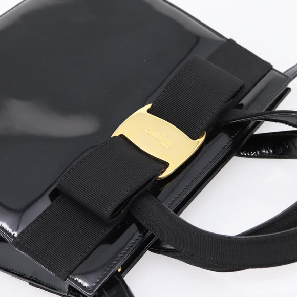 Salvatore Ferragamo Vala Hand Bag Patent leather 2way Black Gold Auth ka6577