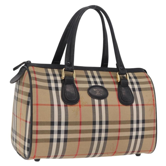 Burberrys Nova Check Boston Bag Canvas Beige Gold Auth ka6582