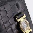 Gianni Versace Croco Embossed Hand Bag Leather Black Gold Auth ka6583-10