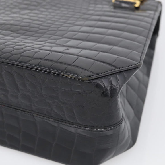 Gianni Versace Croco Embossed Hand Bag Leather Black Gold Auth ka6583
