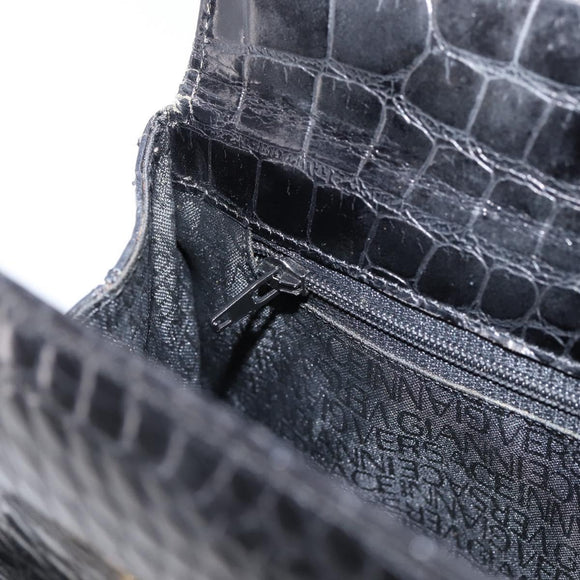 Gianni Versace Croco Embossed Hand Bag Leather Black Gold Auth ka6583