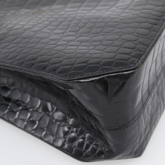 Gianni Versace Croco Embossed Hand Bag Leather Black Gold Auth ka6583