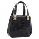 Gianni Versace Croco Embossed Hand Bag Leather Black Gold Auth ka6583-1