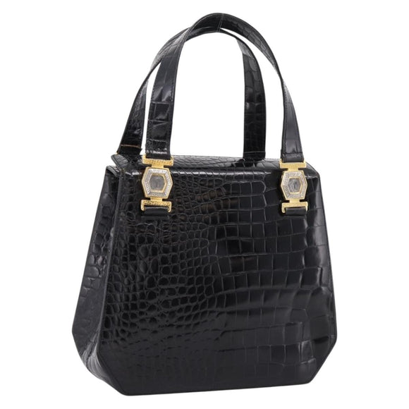 Gianni Versace Croco Embossed Hand Bag Leather Black Gold Auth ka6583