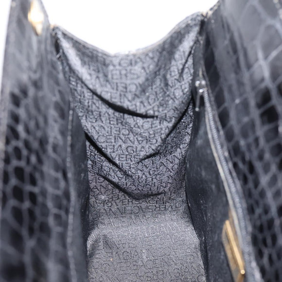 Gianni Versace Croco Embossed Hand Bag Leather Black Gold Auth ka6583