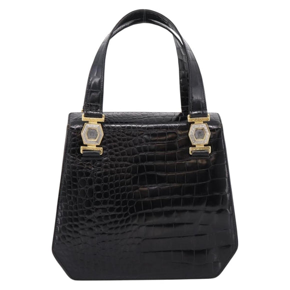 Gianni Versace Croco Embossed Hand Bag Leather Black Gold Auth ka6583