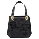 Gianni Versace Croco Embossed Hand Bag Leather Black Gold Auth ka6583-2