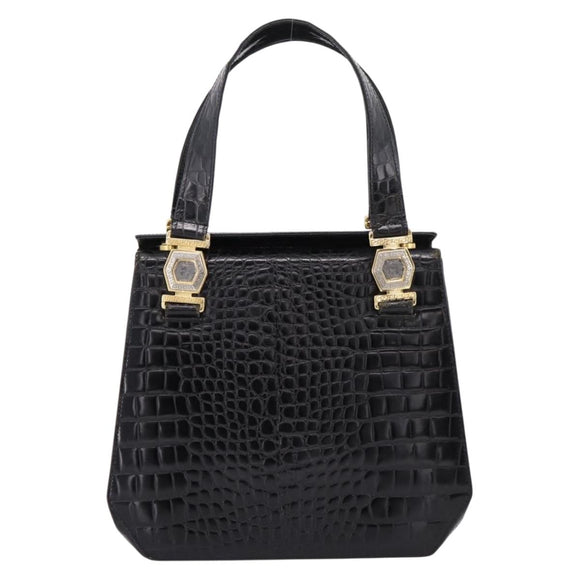 Gianni Versace Croco Embossed Hand Bag Leather Black Gold Auth ka6583