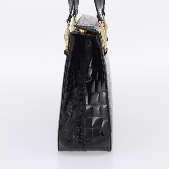 Gianni Versace Croco Embossed Hand Bag Leather Black Gold Auth ka6583