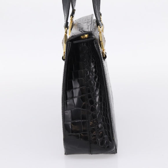 Gianni Versace Croco Embossed Hand Bag Leather Black Gold Auth ka6583