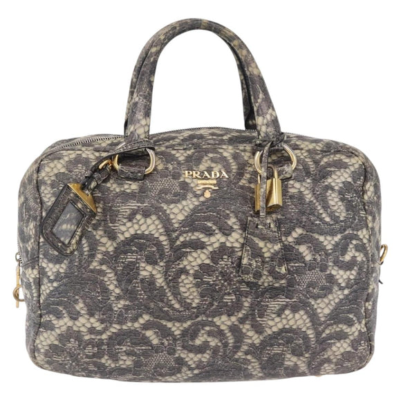 PRADA Hand Bag Leather Gray Gold Auth ka6590V