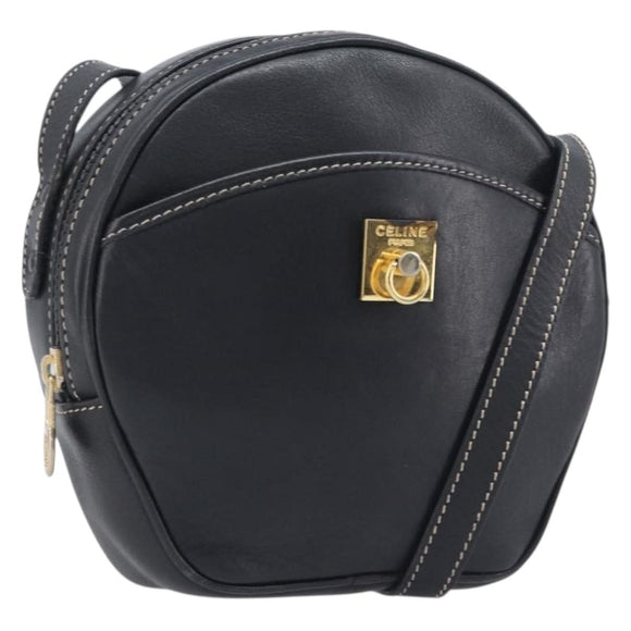 CELINE Shoulder Bag Leather Black Gold Auth ka6592