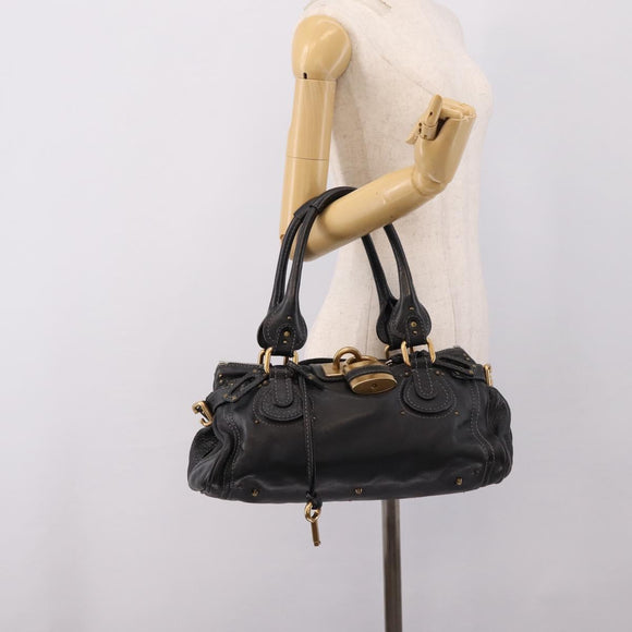Chloe Paddington Hand Bag Leather Black Gold Auth ka6597V