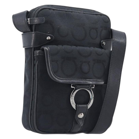 Salvatore Ferragamo Gancini Shoulder Bag Canvas Black Silver Auth ka6611