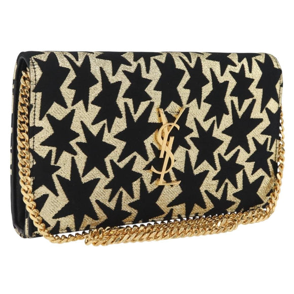 Saint Laurent Wallet On Chain Shoulder Bag Satin Black Gold Auth ka6614V