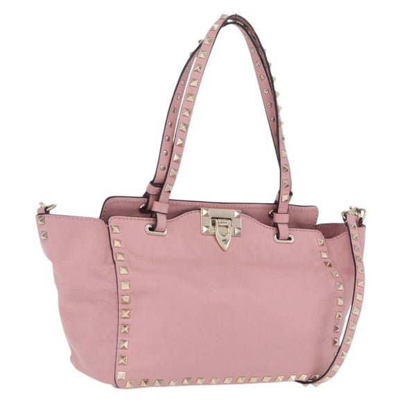 Valentino Rock Studs Hand Bag Leather 2way Pink Gold Auth ka6616A