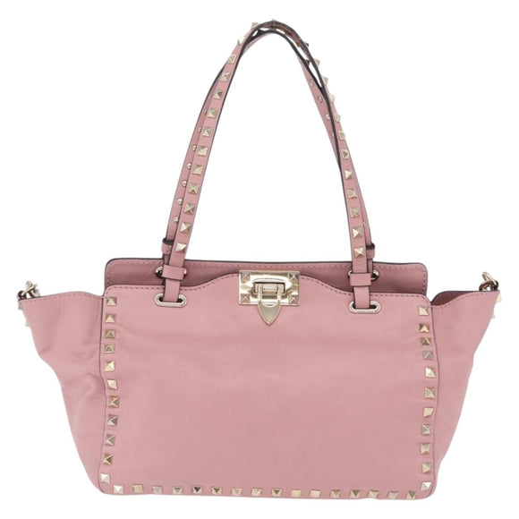 Valentino Rock Studs Hand Bag Leather 2way Pink Gold Auth ka6616A