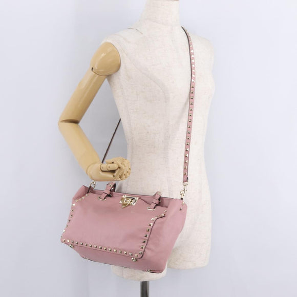 Valentino Rock Studs Hand Bag Leather 2way Pink Gold Auth ka6616A