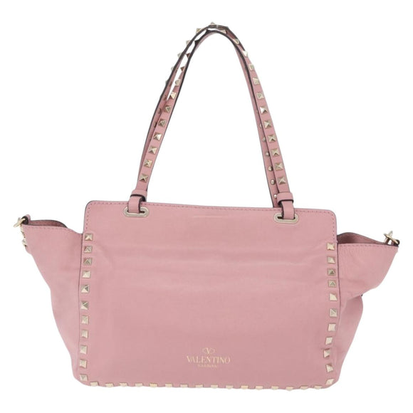 Valentino Rock Studs Hand Bag Leather 2way Pink Gold Auth ka6616A