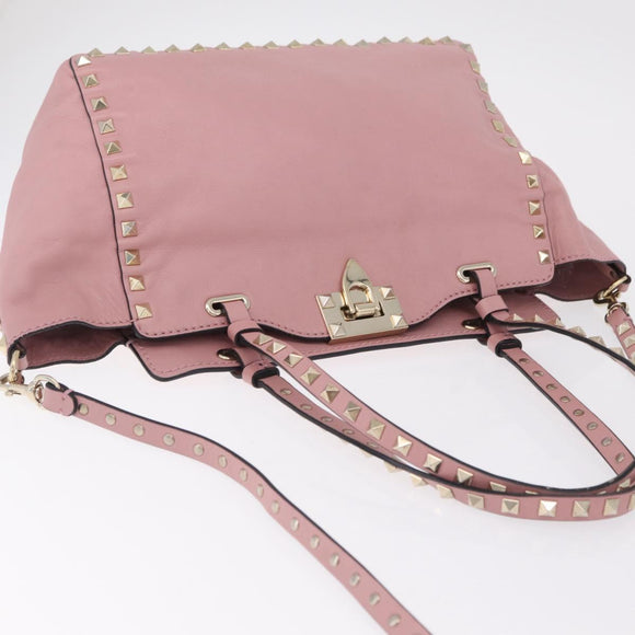 Valentino Rock Studs Hand Bag Leather 2way Pink Gold Auth ka6616A