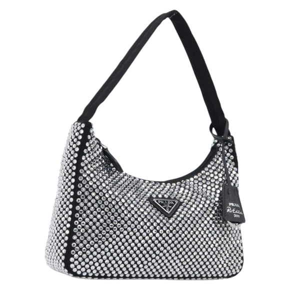 PRADA Crystal Hand Bag Silk Silver Auth ka6617M