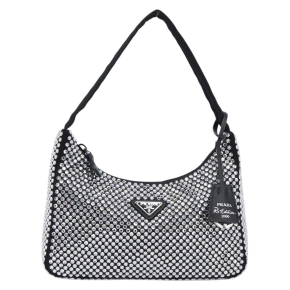 PRADA Crystal Hand Bag Silk Silver Auth ka6617M