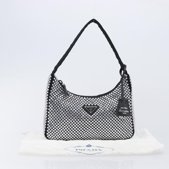 PRADA Crystal Hand Bag Silk Silver Auth ka6617M