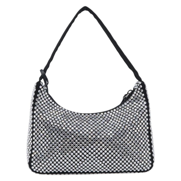 PRADA Crystal Hand Bag Silk Silver Auth ka6617M