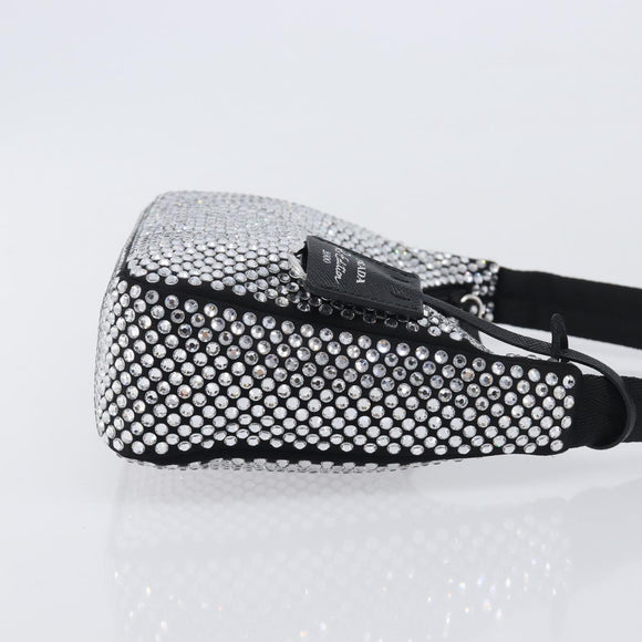 PRADA Crystal Hand Bag Silk Silver Auth ka6617M