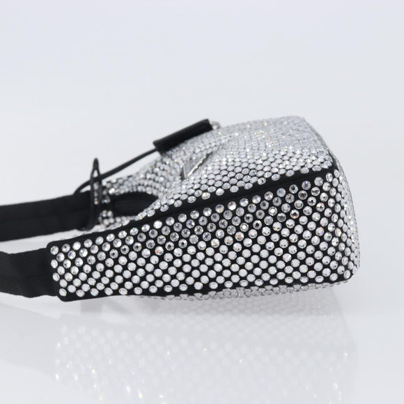 PRADA Crystal Hand Bag Silk Silver Auth ka6617M