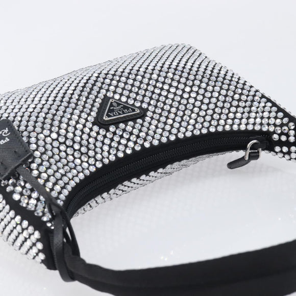 PRADA Crystal Hand Bag Silk Silver Auth ka6617M