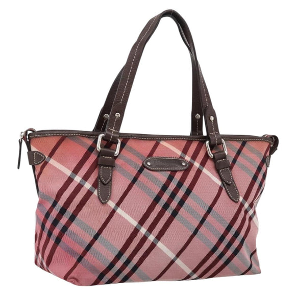 BURBERRY Nova Check Blue Label Tote Bag Canvas Red Silver Auth ka6619
