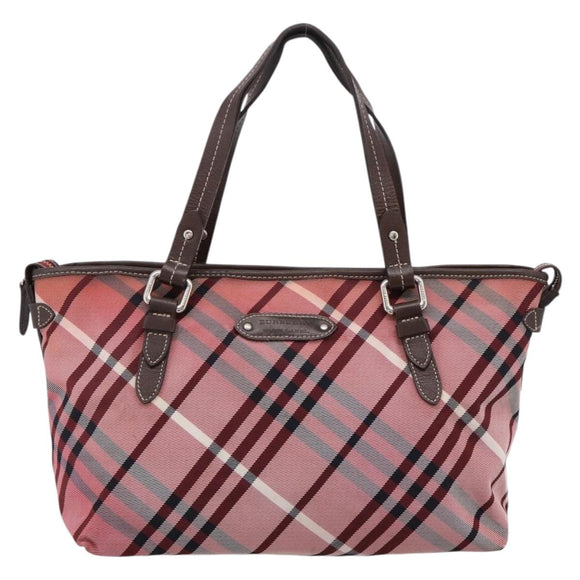 BURBERRY Nova Check Blue Label Tote Bag Canvas Red Silver Auth ka6619