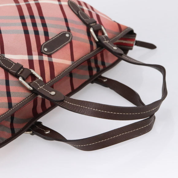BURBERRY Nova Check Blue Label Tote Bag Canvas Red Silver Auth ka6619