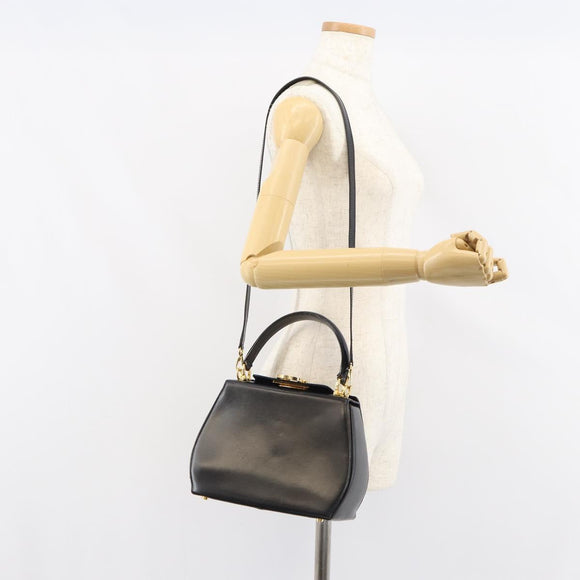 Salvatore Ferragamo Gancini Hand Bag Leather 2way Black Gold Auth ka663V