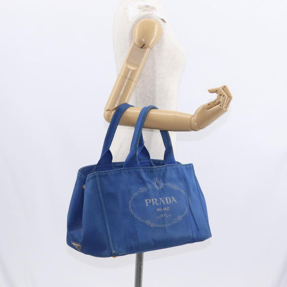 PRADA Canapa MM Hand Bag Canvas Blue Gold Auth ka664