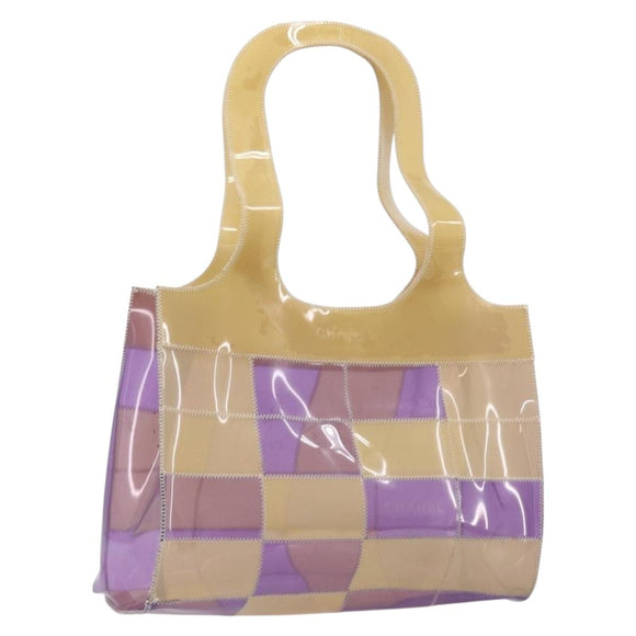 CHANEL Tote Bag Vinyl Beige Purple CC Auth ka6655