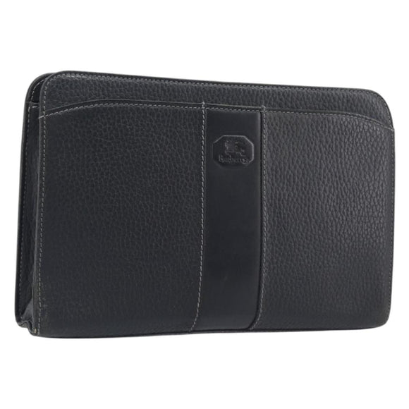 Burberrys Clutch Bag Leather Black Silver Auth ka6672