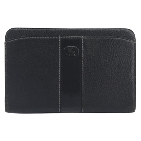 Burberrys Clutch Bag Leather Black Silver Auth ka6672